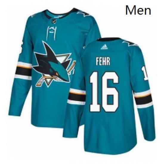 Mens Adidas San Jose Sharks 16 Eric Fehr Authentic Teal Green Home NHL Jerse